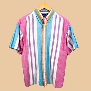 Vintage color block stripe shirt sleeve cotton button down shirt size large